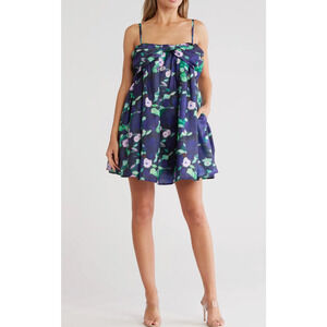 NEW Hutch Bow Babydoll Mini Dress Women's Size Large Navy Blue Floral Cocktail